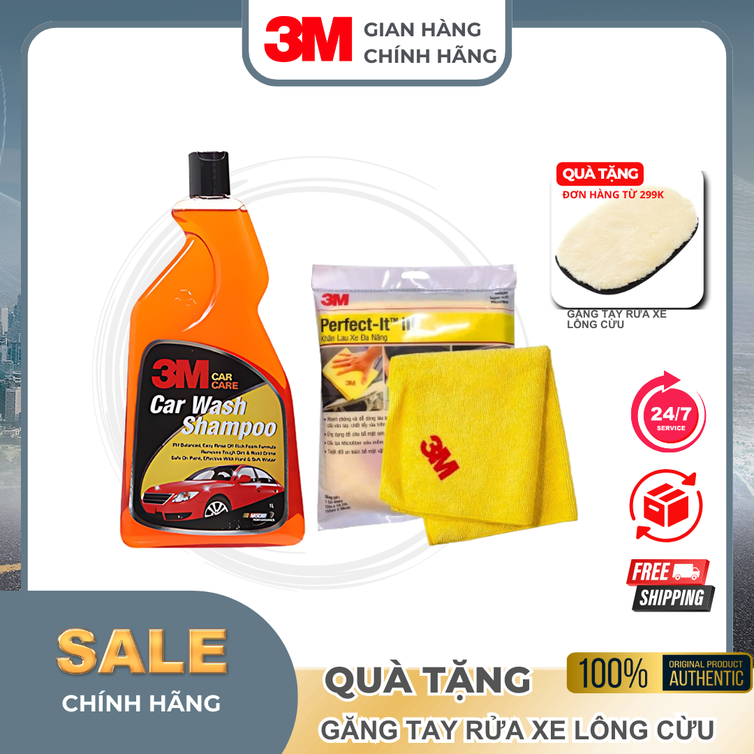 Combo Xà bông rửa xe 3M 1 lít + Khăn lau xe hơi chuyên dụng 50400