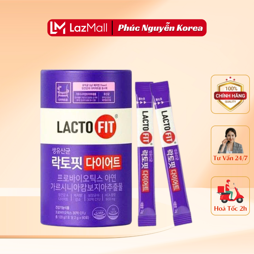 Men Vi Sinh Giảm Cân Lacto-Fit Diet Daedong Ginseng Hàn Quốc Hộp 60 Gói, Hộp Tím Giảm Toàn Thân