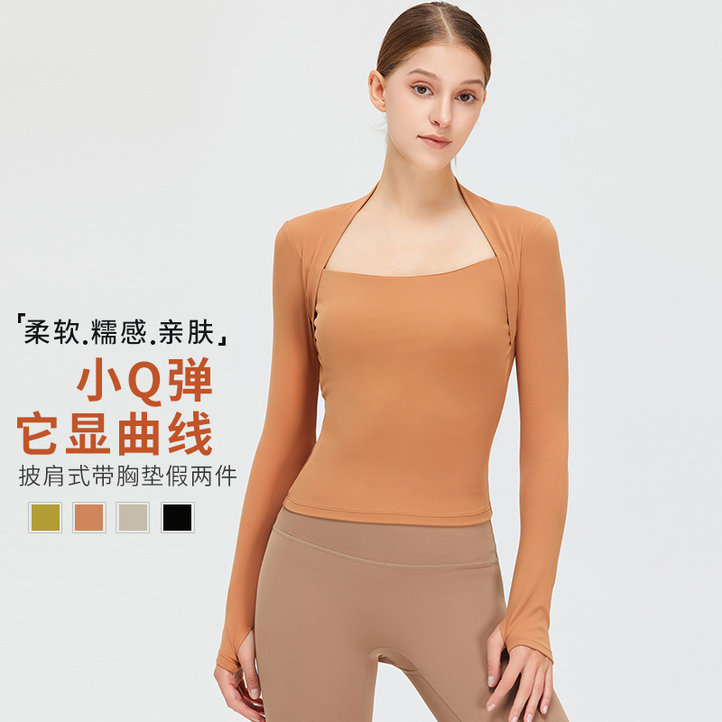 【HOT】 Trang Phục Yoga Phong Cách Nóng Bỏng Trực Tiếp Áo Thể Thao Dài Tay Khỏa Thân Có Đệm Ngực Hai Chiếc Giả Kiểu Khăn Choàng U Trang Phục Tập Gym Cổ Áo