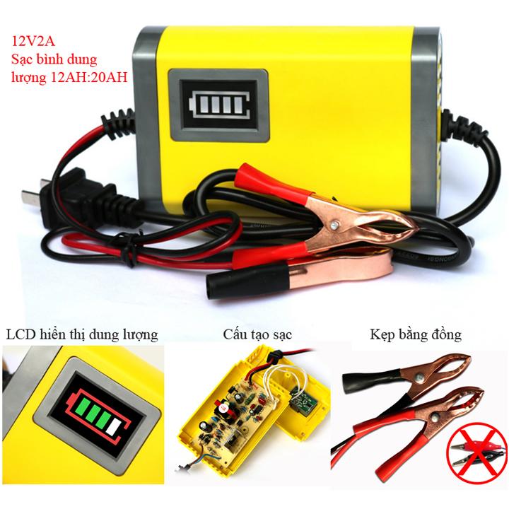 Sạc bình ắc quy thông minh tự ngắt cho ô tô xe máy 12V/2A 20mah - 40mah (Vàng)Ac quy 12v 2ah-Bộ sạc bình acquy - Bộ sạc bình ắc quy 12v thông minh- Máy nạp (sạc) bình ac quy mà hình led tự ngắt điện khi đầy. Loại chuẩn rất bền