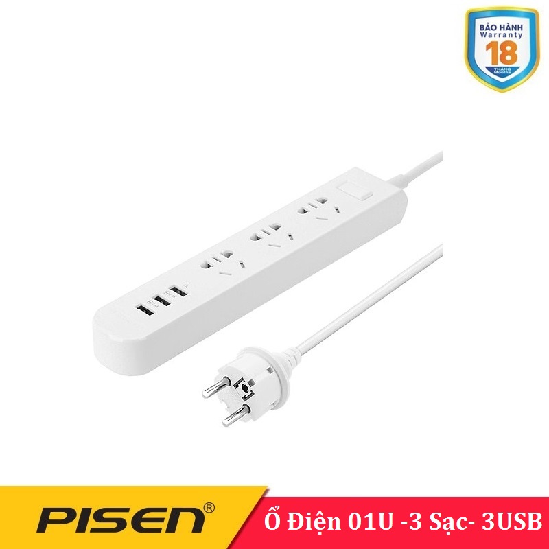 Ổ cắm điện đa năng Pisen 303  ( 3AC , 3USB ) -BH 18 Tháng