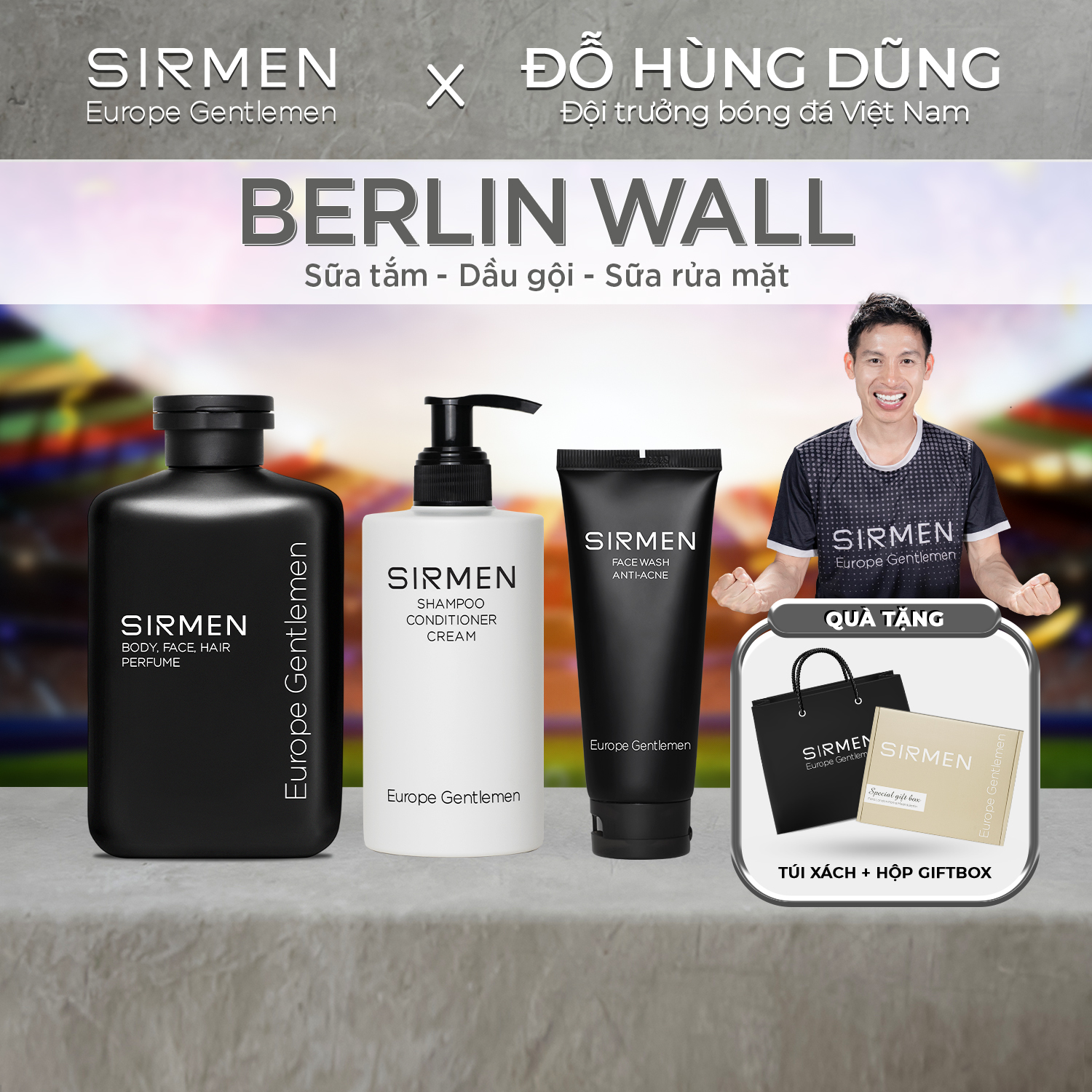 Giftbox Combo 3 - Berlin Wall Sữa tắm gội nam 4 in 1 - Dầu gội xả dưỡng nam 3 in 1 và Sửa rửa mặt nam 2 in 1 SIRMEN Europe Gentlemen chiết xuất tự nhiên công nghệ EU-Nano
