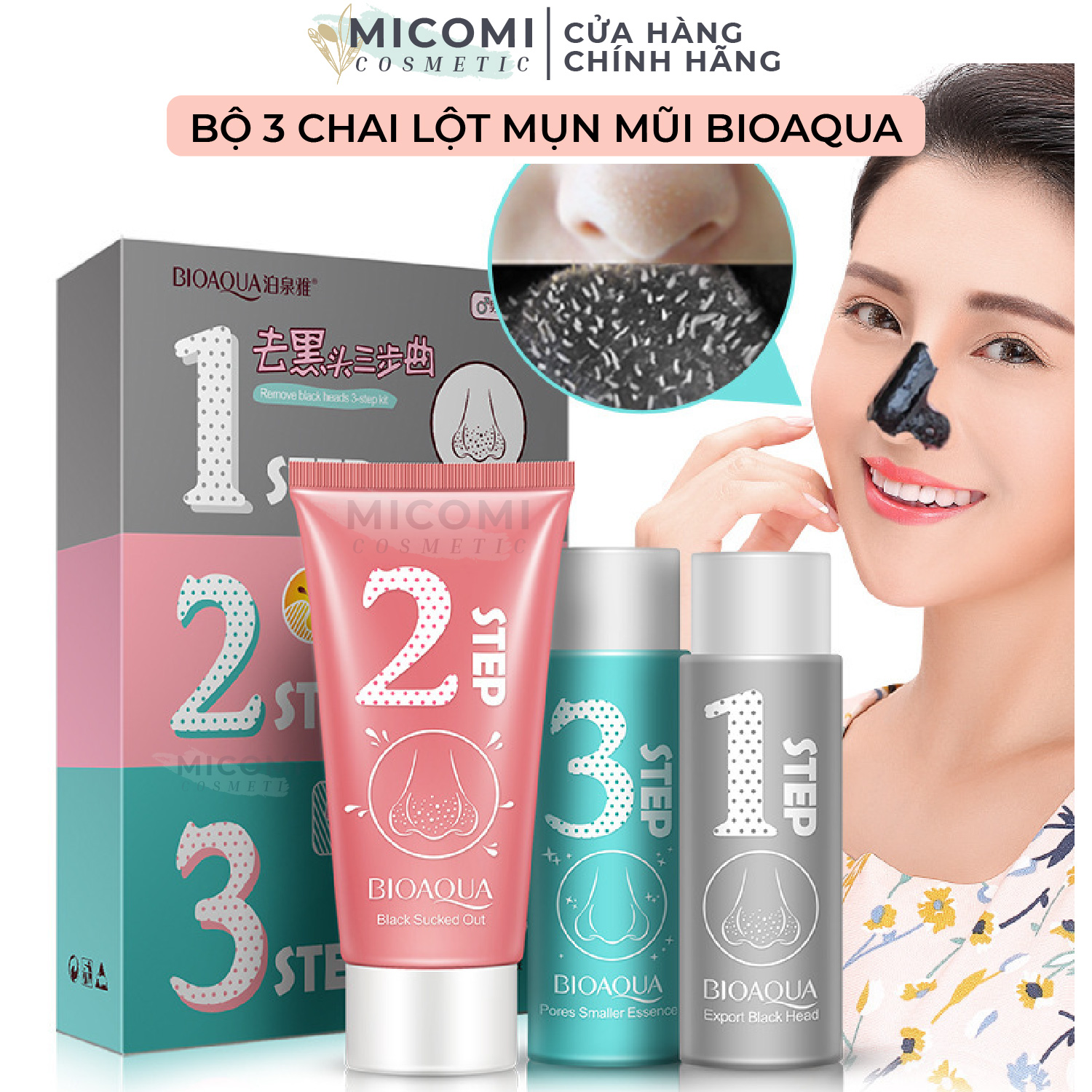 Bộ 3 Lọ Gel Lột Mụn Đầu Đen Mũi Set 3 Bước 123 Mask Bioaqua Cao Cấp Nội Địa Trung MICOMI Cosmetics