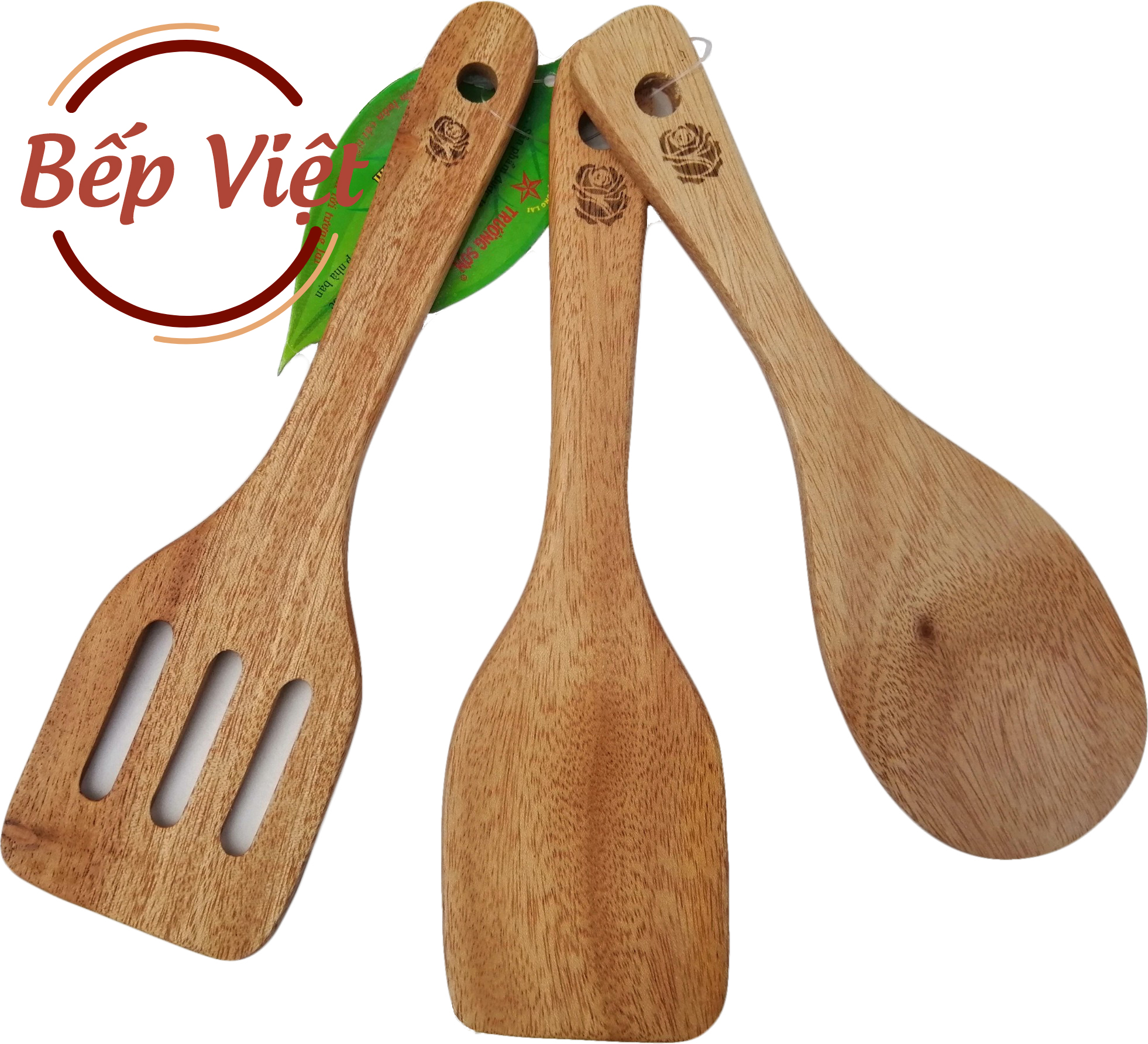 Bộ Tam 3 Vá Sạn Gỗ Xà Cừ.Dụng cụ nhà bếp bằng gỗ Sạn/ Vá xới cơm/ chiên xào/ Sạn có rãnh thích hợp cho dụng cụ nấu ăn chống dính.