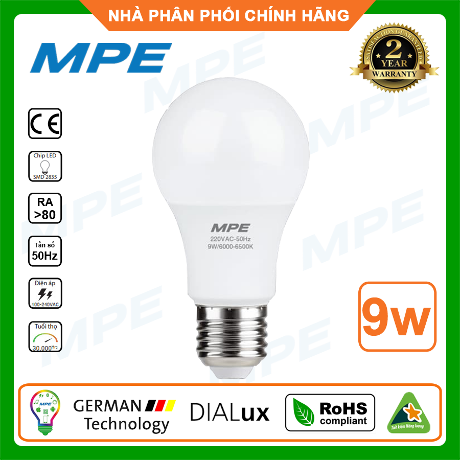 Đèn led mpe - bh 2 năm - bóng đèn led búp tròn 9w lbd-9t, lbd-9v siêu sáng hàng việt nam, công nghệ đức - chất lượng cao