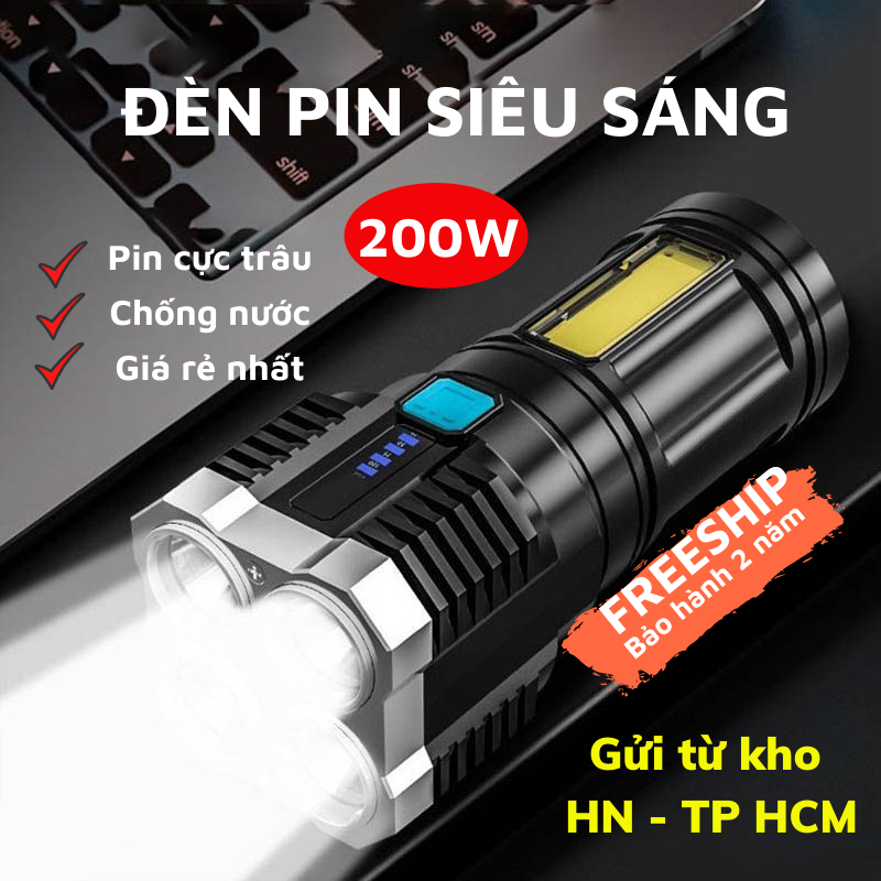 Đèn pin siêu sáng cầm tay chắc chắn 4 chế độ sáng tiện dụng, asaki official