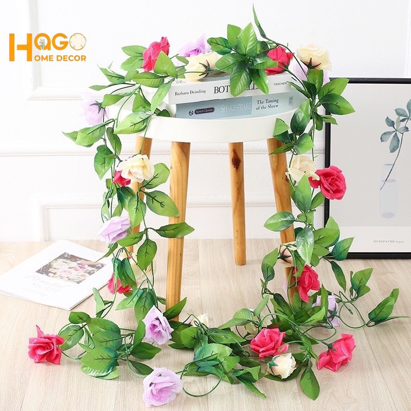 Hoa giả, dây hoa hồng leo dài 2,4m trang trí,decor ban công, tường nhà, nhà hàng, khách sạn, trường học