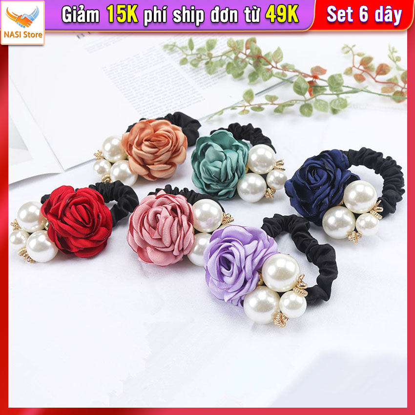 Dây buộc tóc nữ hoa hải đường [Set 6 dây] NASI Store đính cườm ngọc bền đẹp dễ thương phong cách hàn quốc thun cột tóc nữ co giãn tốt phụ kiện tóc