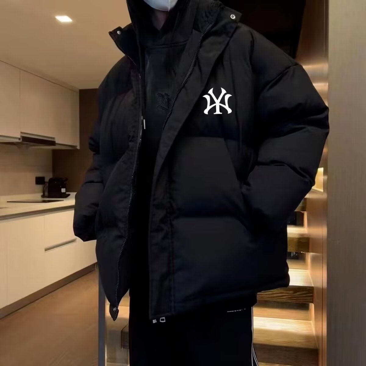 Lansboter áo khoác mùa đông áo khoác nam mới ra áo khoác gió áo ấm mùa đông quần Bộ đồ cotton mùa đông Áo khoác bông có mũ trùm đầu nam-áo Áo khoác bông ấm đôi rộng