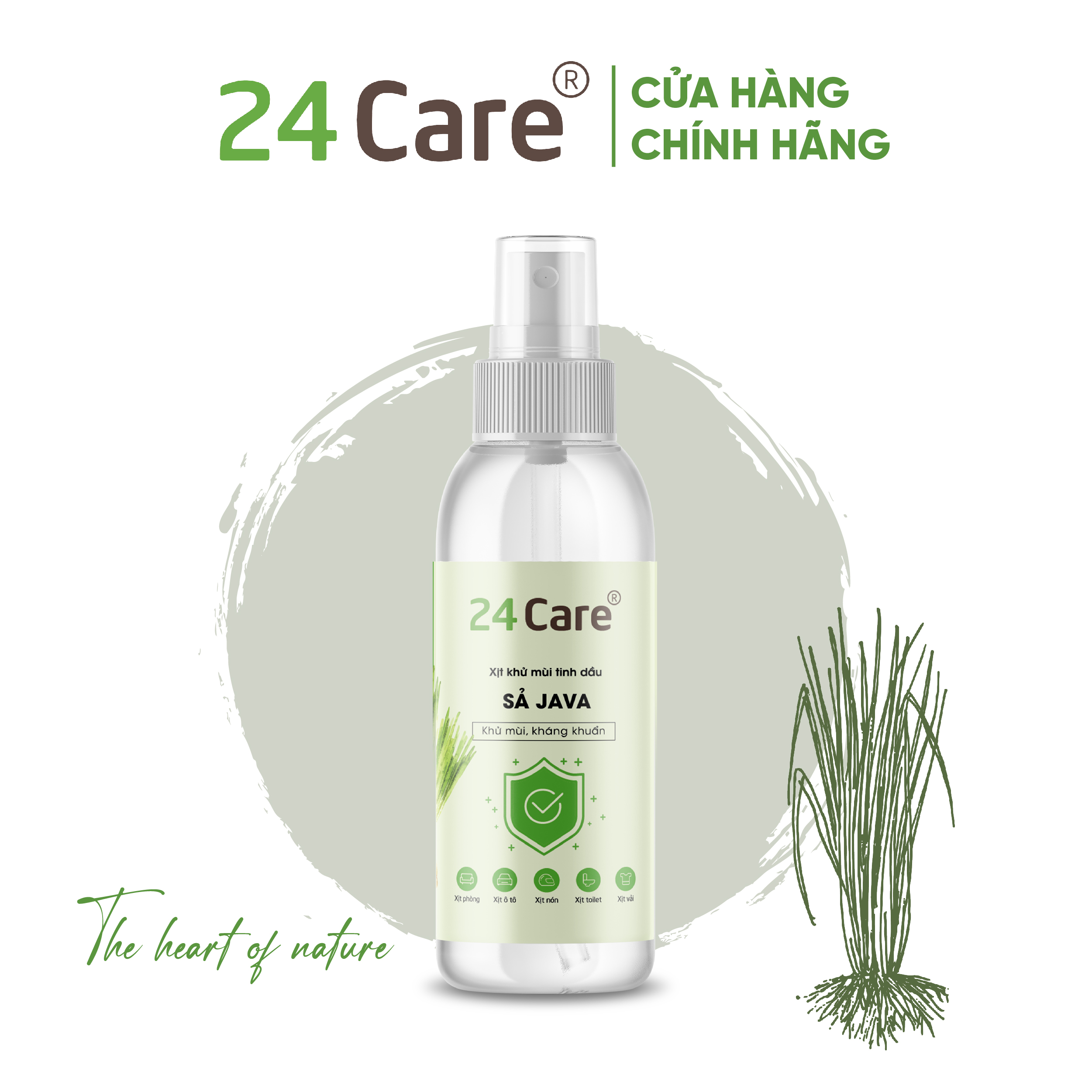 Xịt Phòng Tinh Dầu Sả JaVa Hữu Cơ Organic  24Care - Kháng khuẩn - Khử mùi hôi - Đuổi muỗi, kiến ba khoan, Vắt, côn trùng - Hương thơm thư giãn