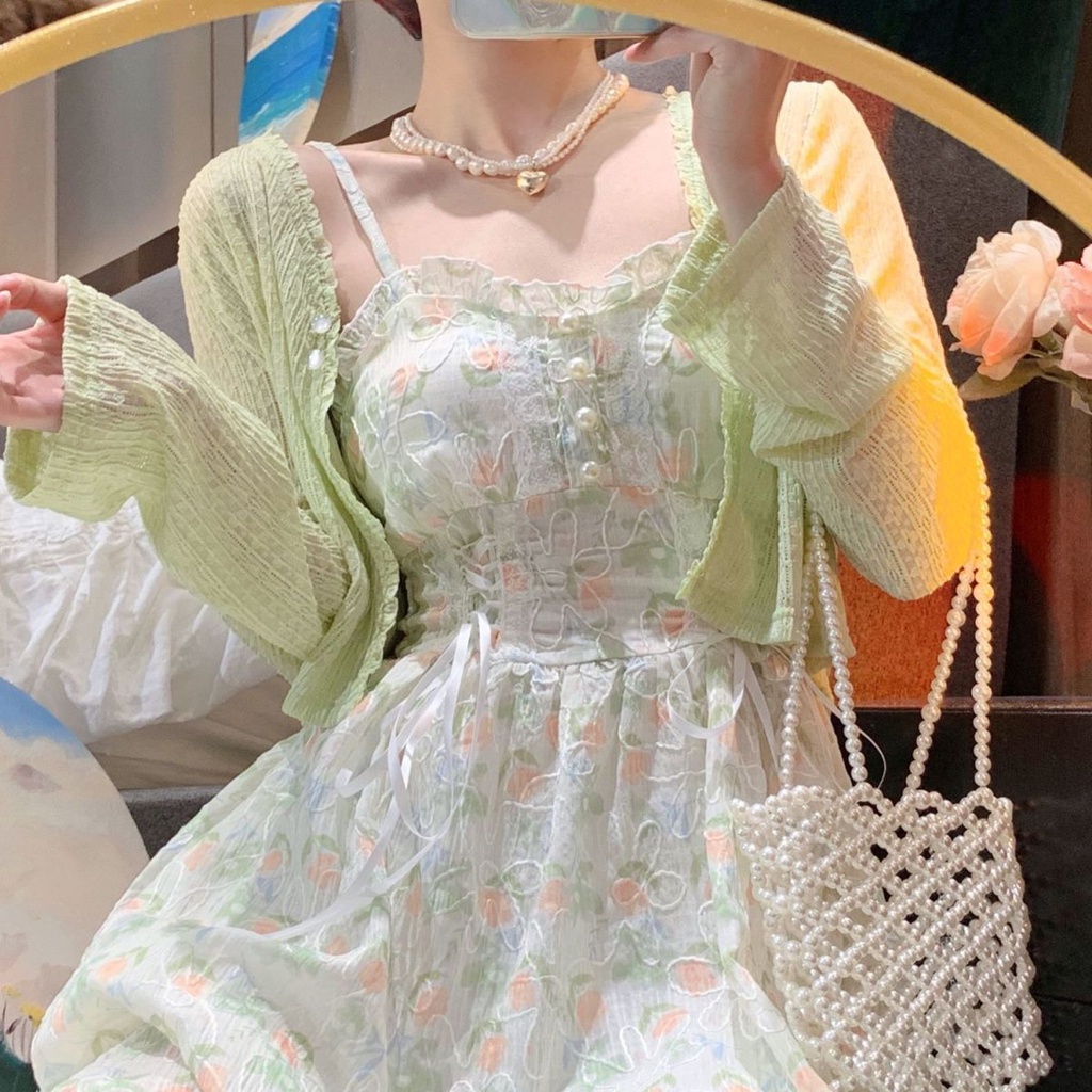 Bộ Áo Khoác Cardigan Mỏng Chống Nắng Phối Đầm Hai Dây Ôm Dáng Cỡ Lớn Phong Cách Mori Cho Nữ