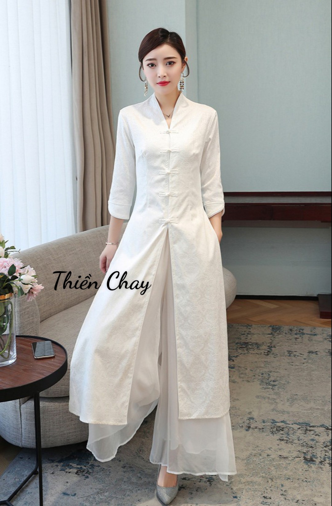 Quần áo Thiền cho phật tử, người tập yoga bộ nữ ban mai vải cotton đũi Thiền Chay (Màu Trắng)