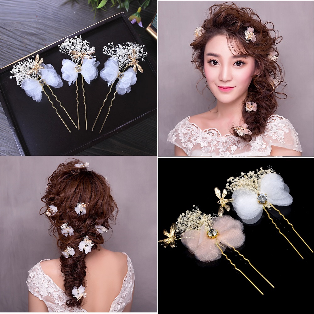 Trâm Cài Tóc Voan Đính Đá Và Hoa Khô