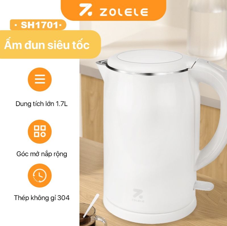 Ấm đun siêu tốc 1.7l zolele sh1701, bình đun siêu tốc inox 2 lớp, thép không gỉ 304 - chính hãng
