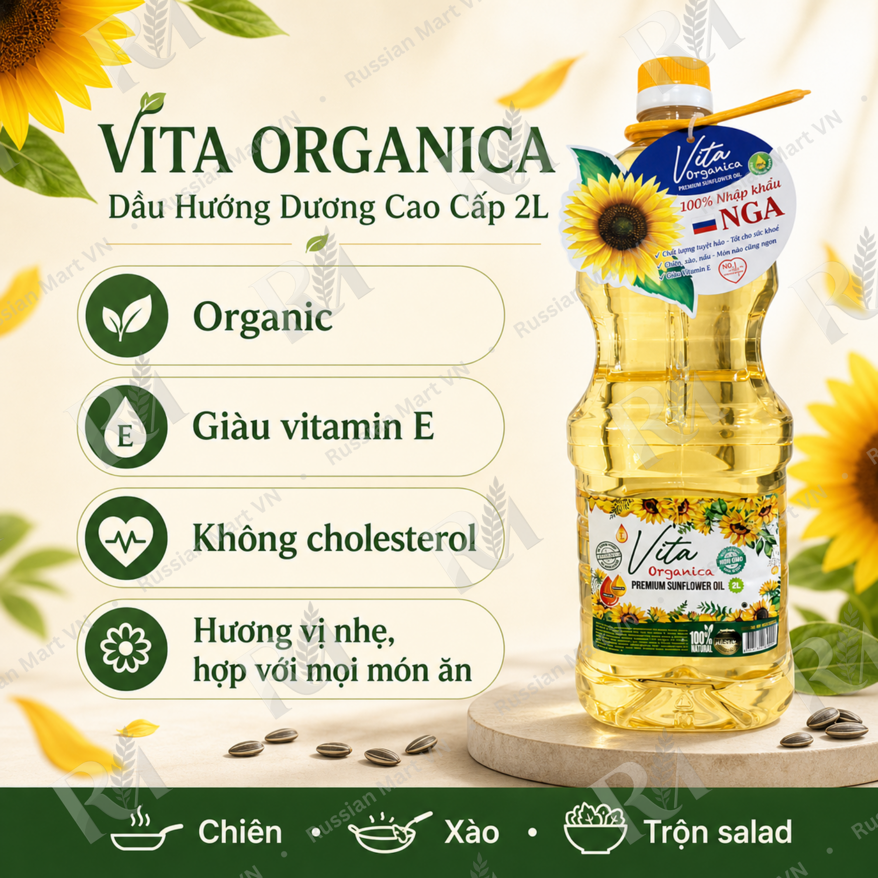 Dầu Hướng Dương Cao Cấp Vita Organica 2L - Dầu Ăn Organic Nhập Khẩu Chính Ngạch Từ Nga, Giàu Vitamin E, Không Cholesterol, Hương Vị Nhẹ, Dùng Chiên Xào Trộn Salad