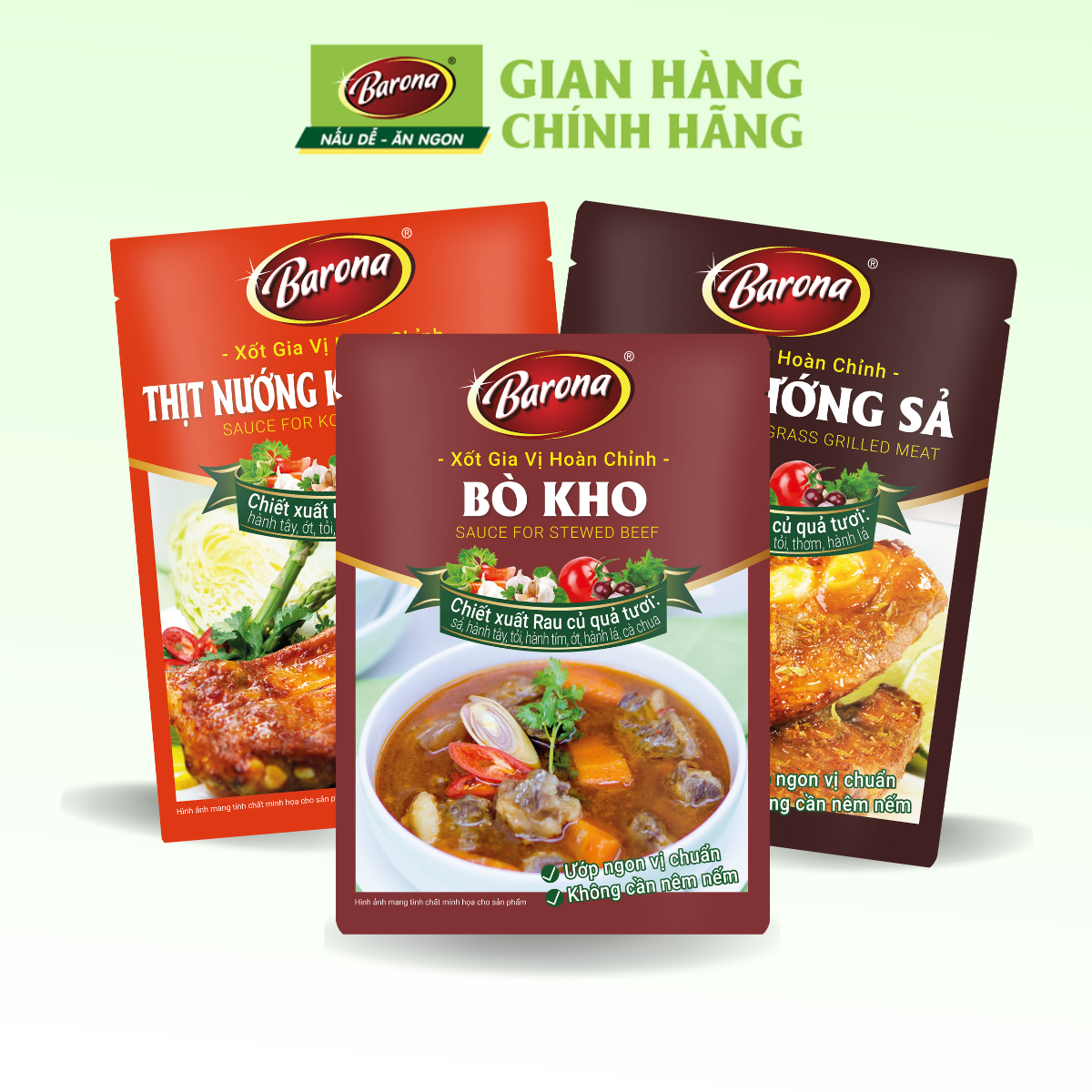 Combo 1 gói Gia Vị Bò Kho Barrona 80g + 1 Thịt Nướng Hàn Quốc 80g + 1 Thịt Nướng Sả 80g
