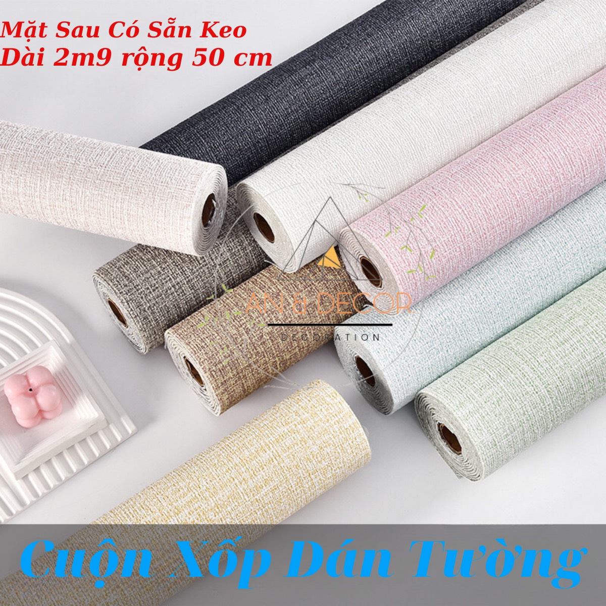 xốp dán tường, cuộn xốp dán dài 2m8 rộng 50 cm mặt sau có sẵn keo, kèm lớp giấy tráng nhôm cách nhiệ
