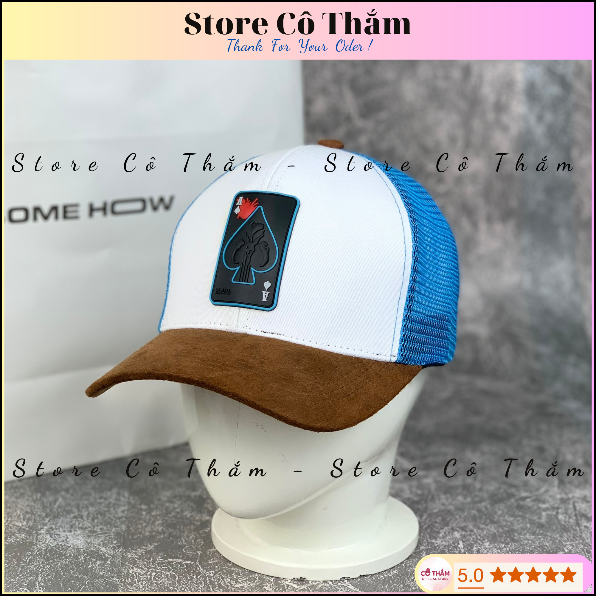 Nón kết MỎ DA BÒ NAM NỮ, mũ lưỡi trai LÁ BÀI CON ÁCH phối lưới xanh dương thời trang - STORE CÔ THẮM