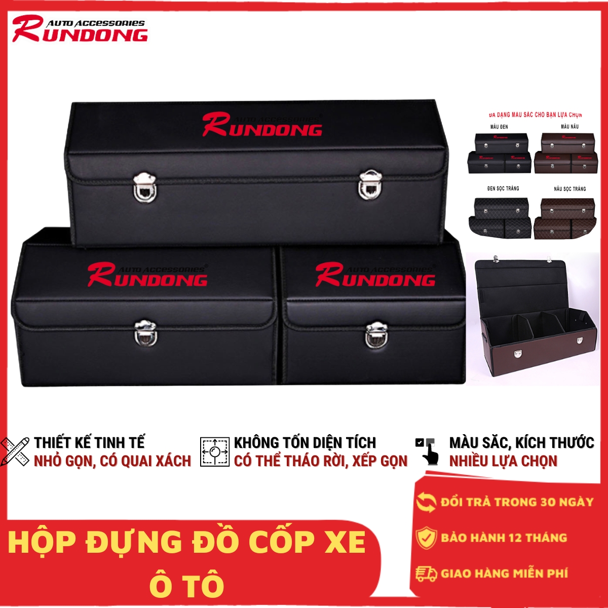 Thùng đựng đồ cốp ô tô Rundong | hộp đựng đồ cho ô tô và gia đình, có thể xếp gọn, chất liệu da PU bền đẹp