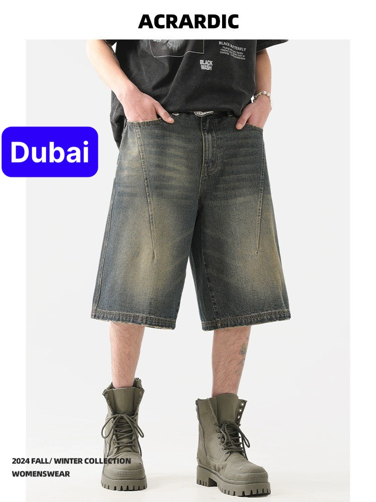Quần baggy jeans short nam sọt màu dirtwash cạp cao kiểu chít ống rộng phong cách cao cấp - Dubai Fashion