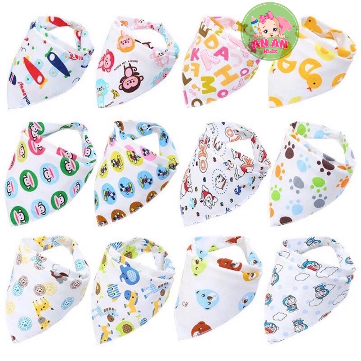 Sét 10 khăn yếm tam giác cotton 2 lớp có cúc bấm cho bé