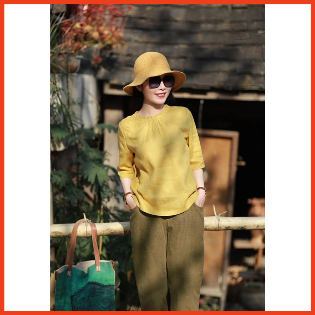 Bộ nữ trung niên linen mặc đi chơi form rộng thoải mãi thấm hút mồ hôi