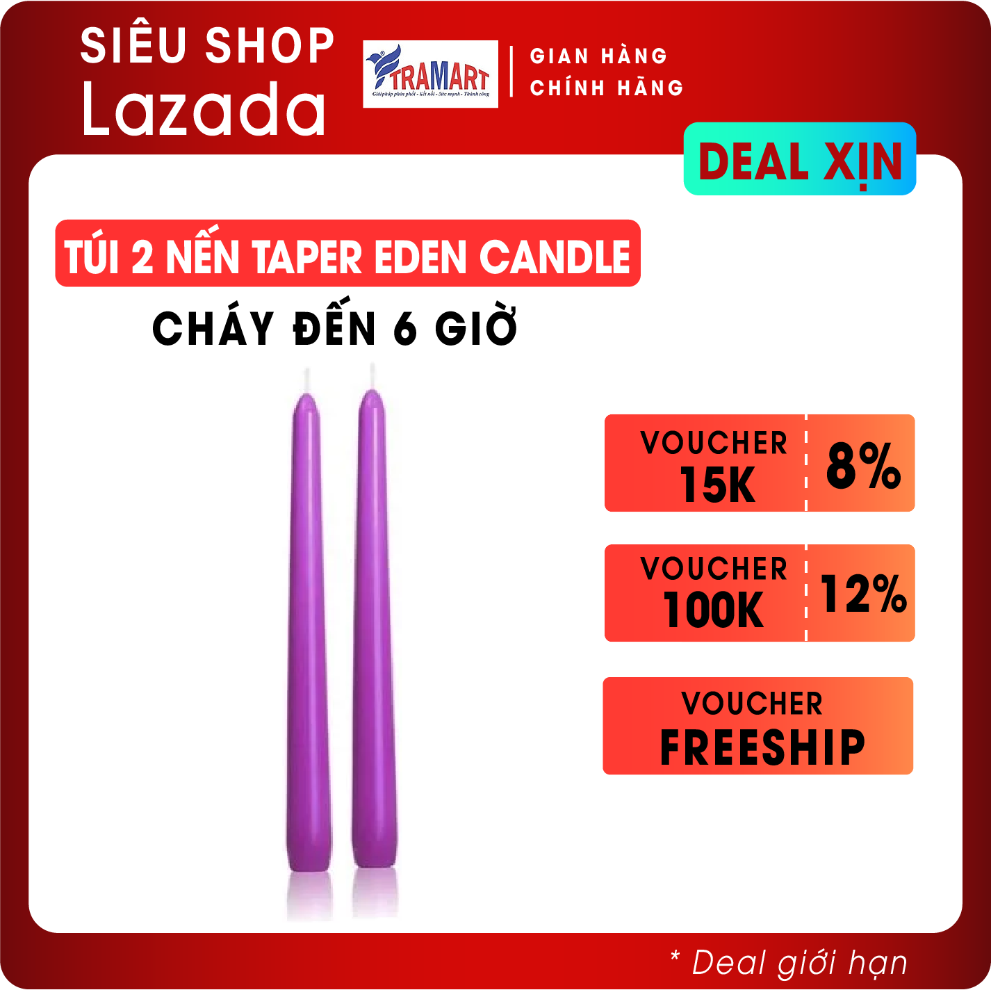 Nến thơm, Túi 2 nến taper Eden Candle  FTRAMART EDC2300 cao 25cm (Tím), phù hợp tất cả các chân nến theo tiêu chuẩn nến taper