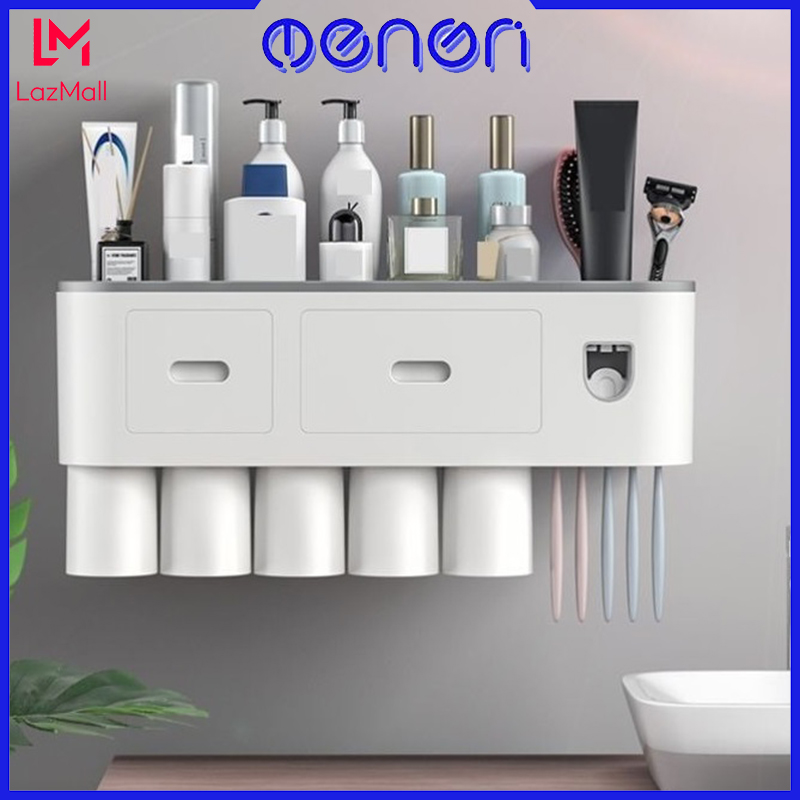 Bộ nhả kem đánh tự động OENON kèm 5 cốc đánh răng, giá treo đồ nhà tắm dán tường gạch men - OEKEM
