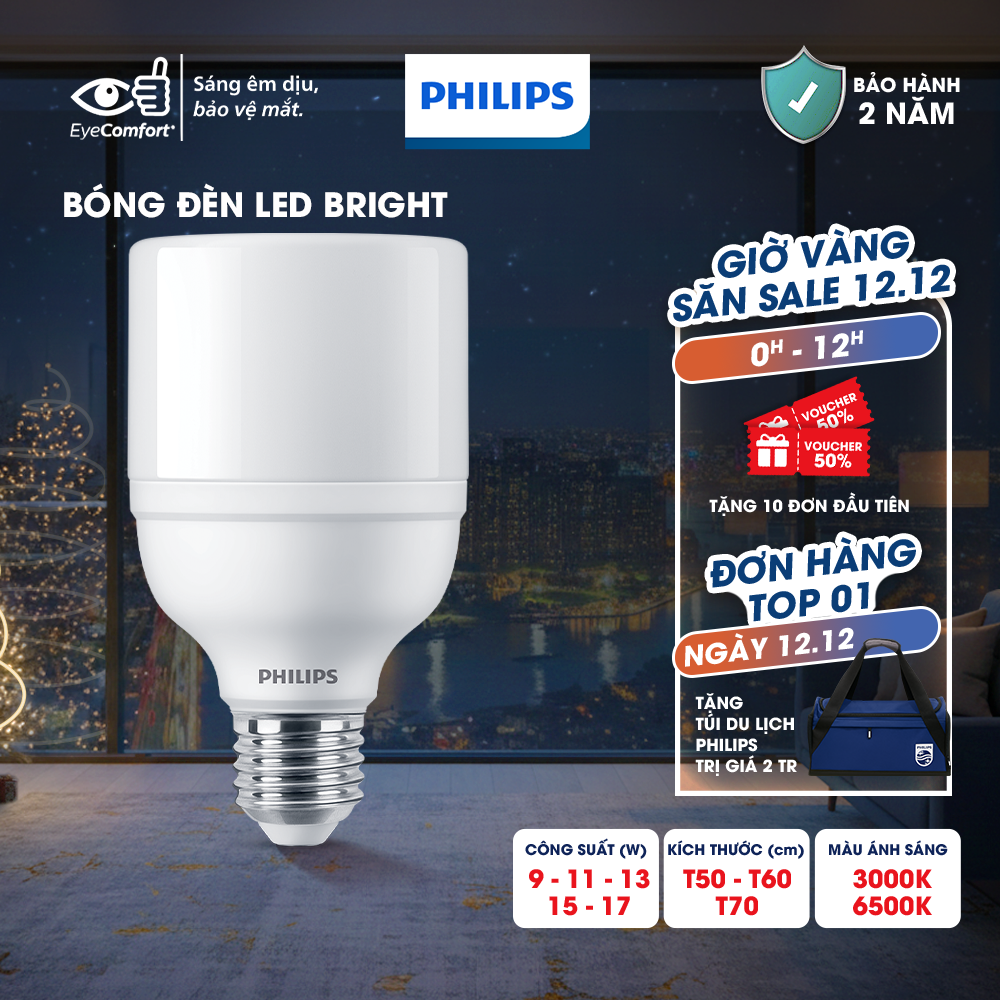  Bóng đèn Philips LED Bright E27 bảo vệ mắt ánh sáng vàng ánh sáng trắng  01 bóng  
