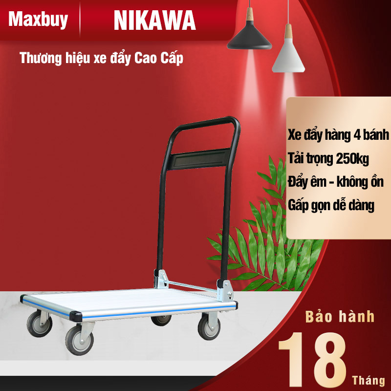 Xe đẩy hàng 4 bánh sàn nhôm Nikawa sàn nhôm không ồn Tải trọng 250kg Bảo hành 18 tháng FWS-250