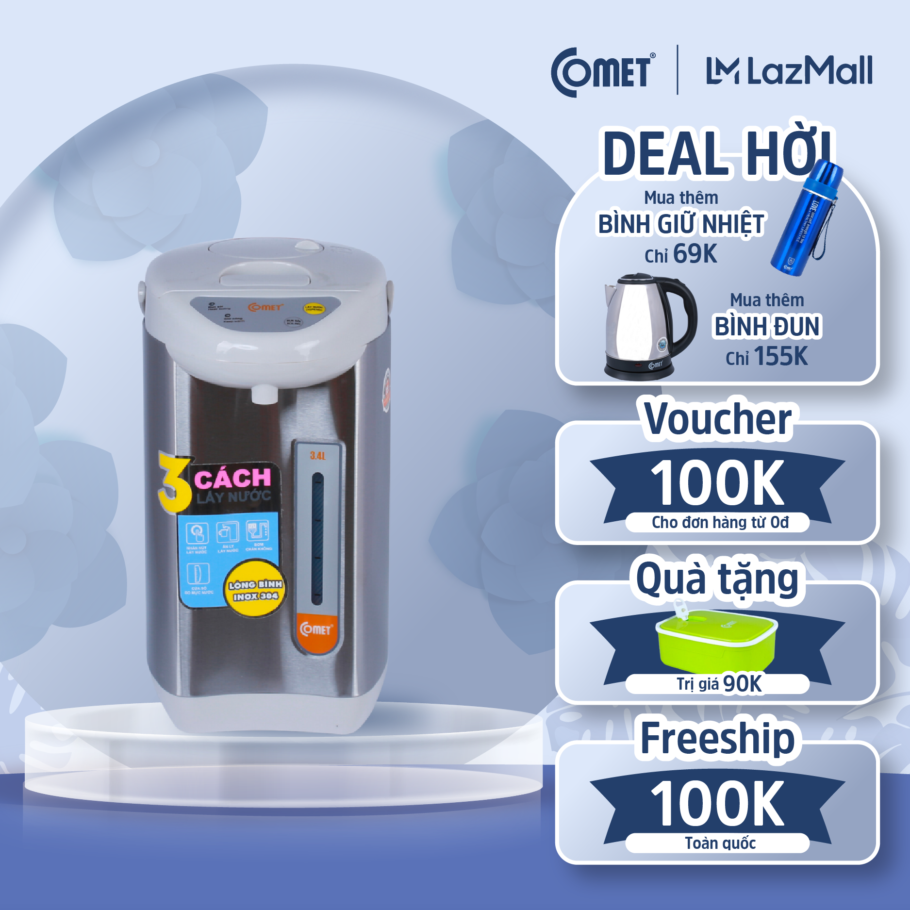 Bình thủy điện COMET CM3217 3.4L chất liệu Inox 304 cao cấp, đun sôi và giữ nước nóng tự động, hệ thống khóa an toàn - Hàng chính hãng - Bảo hành 12 tháng