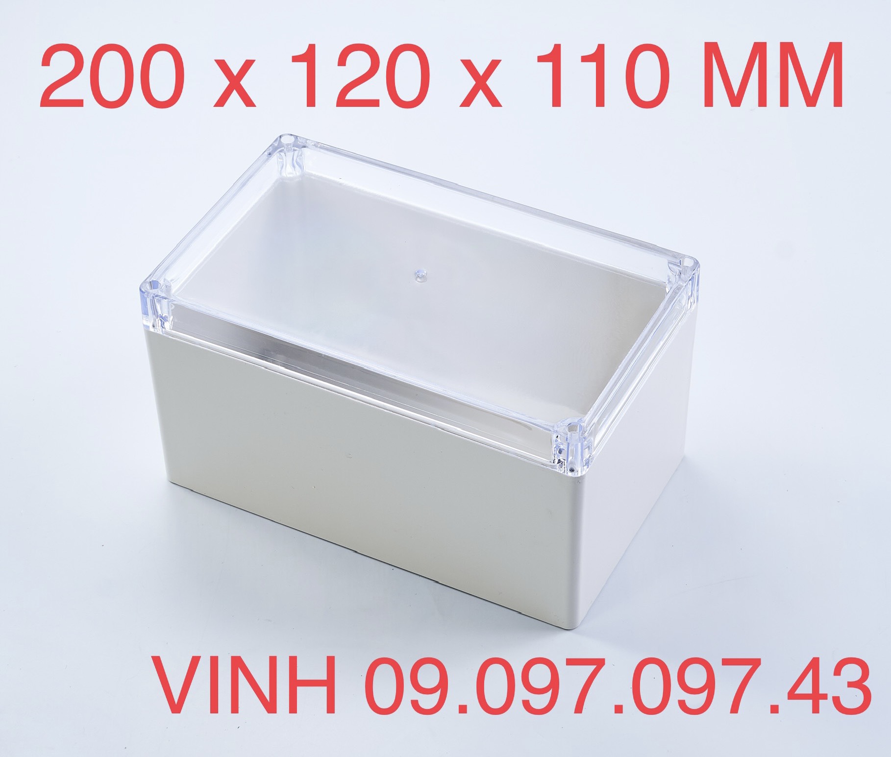 Hộp nắp trong 200x120x110mm tặng kèm ốc vít và ron cao su chống nước. Hộp nhựa đựng mạch điện tử