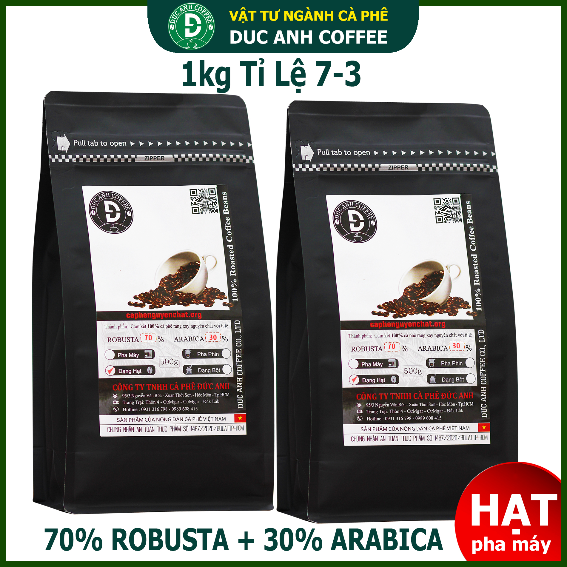 1kg cà phê Hạt pha máy tỉ lệ 7-3 DUC ANH COFFEE - 70% Robusta + 30% Arabica - 2 gói zipper mỗi gói 500gr - dạng hạt chưa xay - cafe hạt
