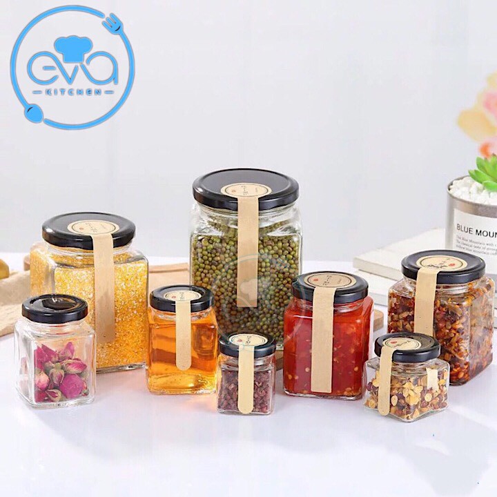 Bộ 6 hũ thủy tinh vuông nắp vặn dung tích 380 ml