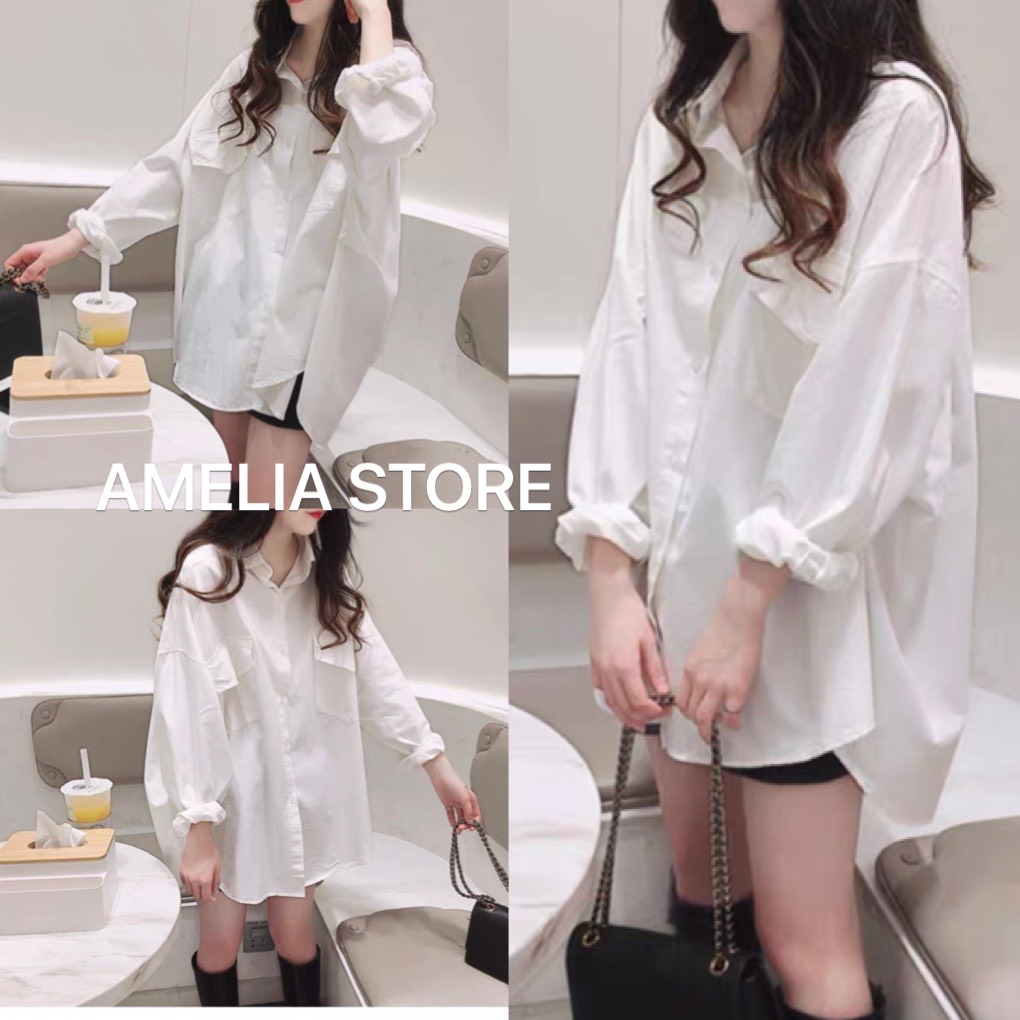 Áo sơ mi nữ màu trắng from rộng unisex 2 túi hộp tay phồng phong cách ulzzang, áo sơ mi nữ đi học, sơ mi kiểu, sơ mi công sở, sơ mi dáng dài, sơ mi trơn basic, sơ mi dài tay thời trang hàn quốc, AMELIA