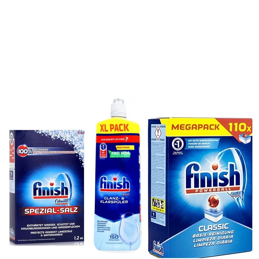 Viên rửa bát Finish classic 110 Viên + Muối rửa chén finish + Nước làm bóng Finish 750ml nhập khẩu châu âu đức