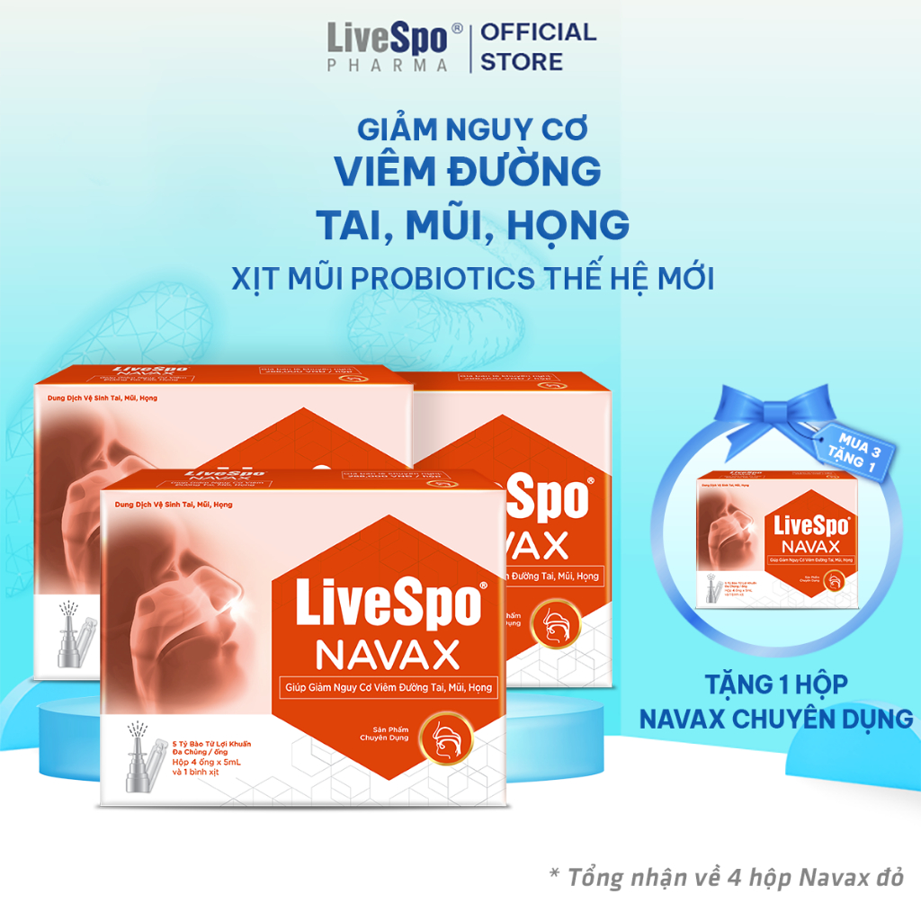 [MUA 3 TẶNG 1] Combo 3 Livespo Navax chuyên dụng (10 ống x 4ml) - Nước muối sinh lý chứa bào tử lợi khuẩn giúp giảm nghẹt mũi, viêm mũi, họng - Tặng 1 hộp Navax chuyên dụng 10 ống