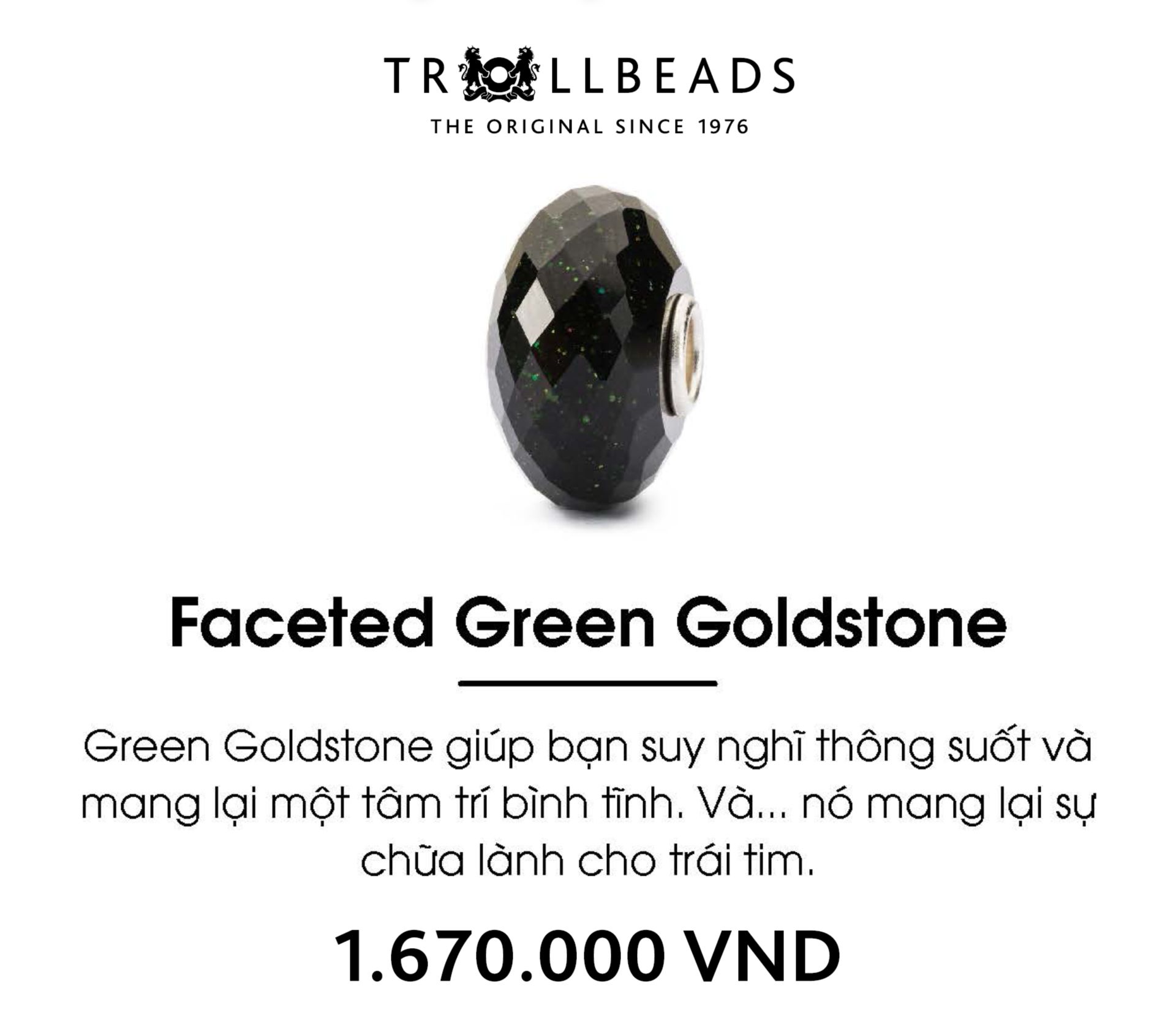 Trollbeads bead thuỷ tinh cao cấp Faceted Green Goldstone