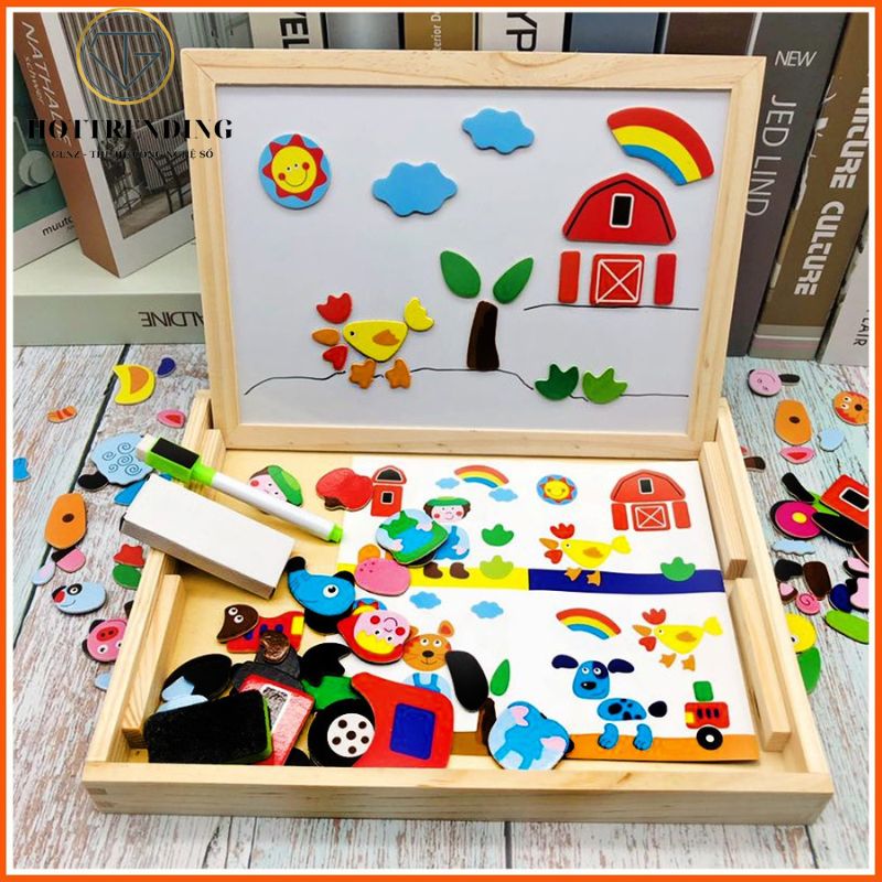 Đồ play board puzzle painting magnet 2 face many creative theme for baby