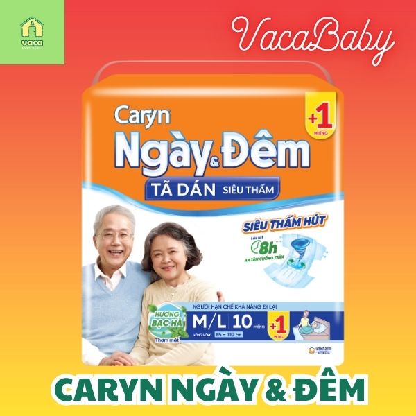 Tã bỉm DÁN Caryn người lớn người già giá rẻ ngày & đêm size M/L 10 miếng tặng 1 miếng