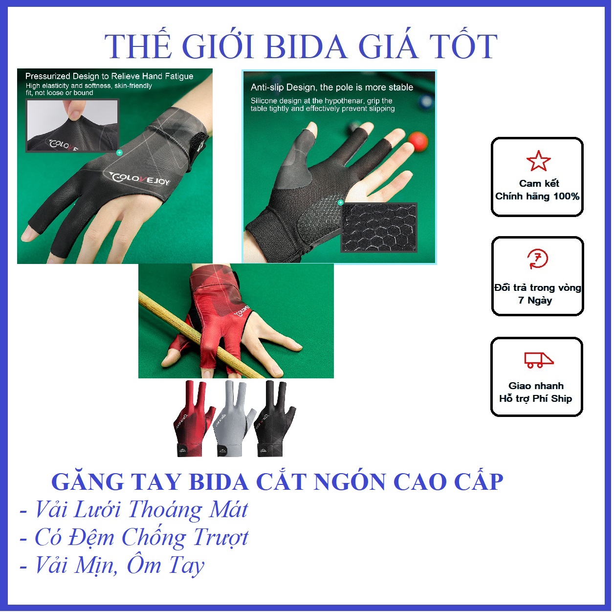 Găng tay 3 ngón | bao tay bida vải lưới cao cấp nhập khẩu đài loan | thoáng mát, có đệm chống trượt, mịn, ôm tay