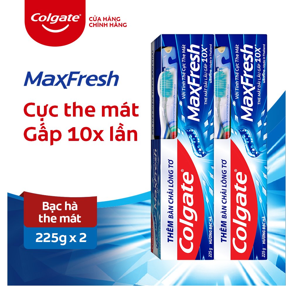 Bộ 2 Kem đánh răng Colgate bạc hà the mát Maxfresh 225g/tuýp tặng bàn chải đánh răng lông mềm