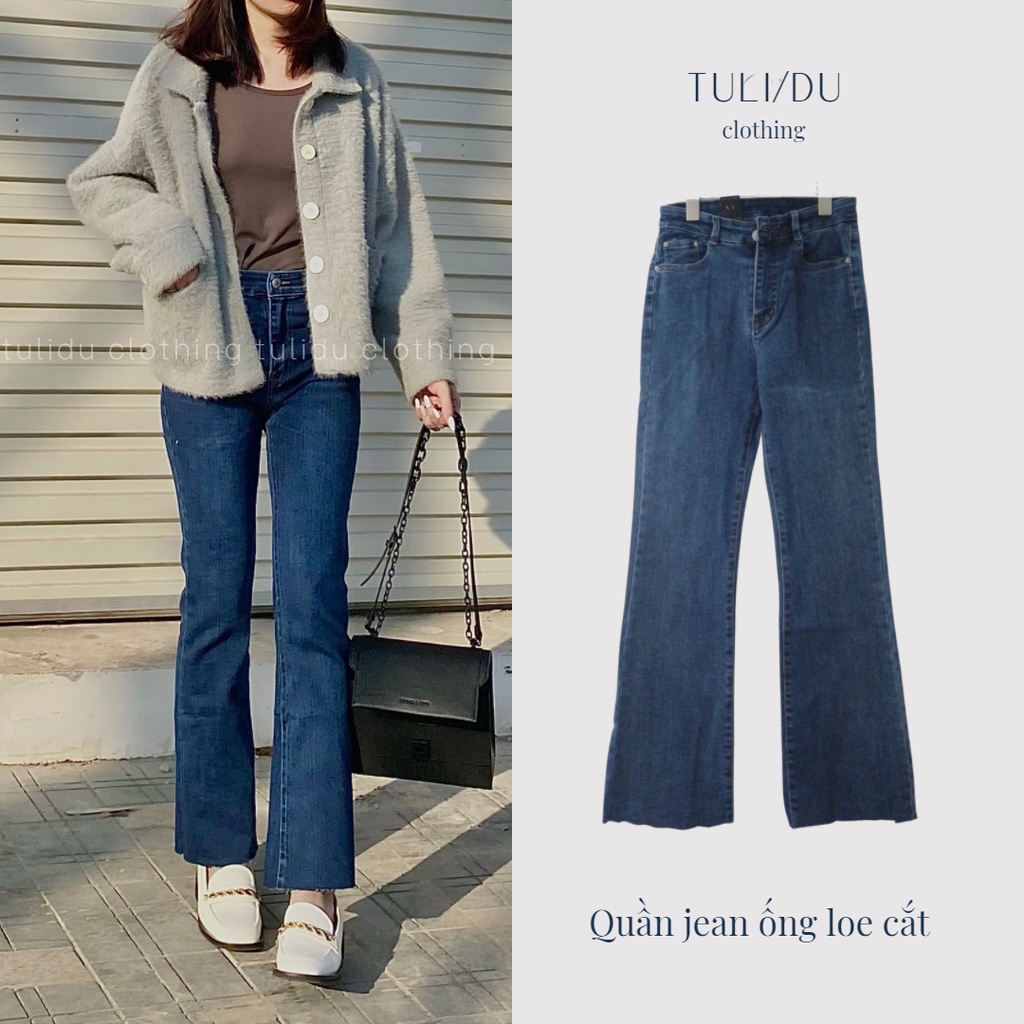 Quần jean ống loe flared jean lưng cao màu xanh gấu cắt co giãn - quần bò ống loe