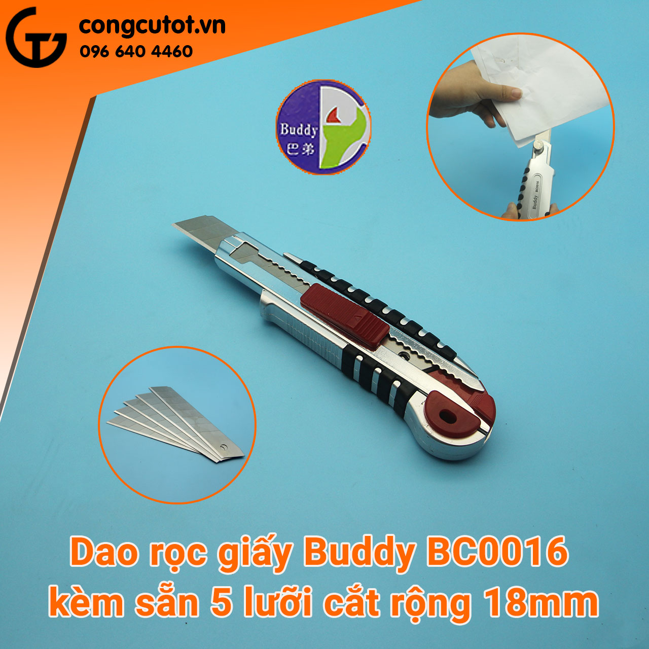 Dao rọc giấy Buddy BC0016 có vít khóa, kèm 5 lưỡi cắt rộng 18mm