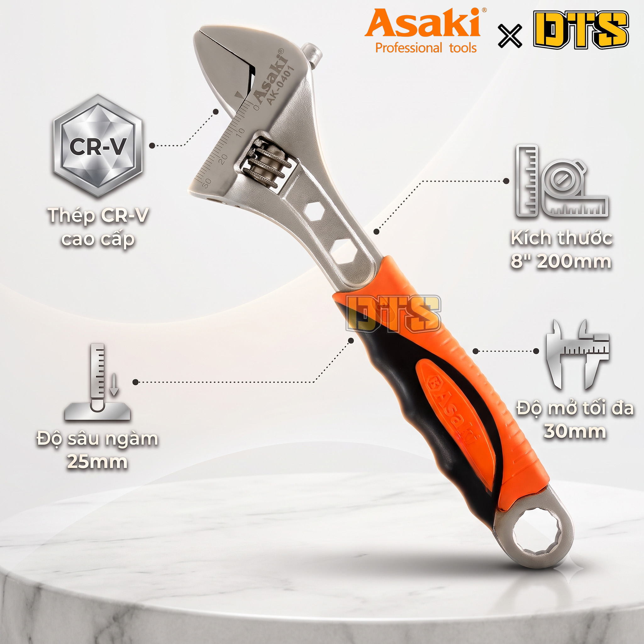 Mỏ lết Asaki AK-0401 8 inch 200mm cán bọc cao su, cờ lê siết tháo bu lông ốc sửa ống nước xe máy bền