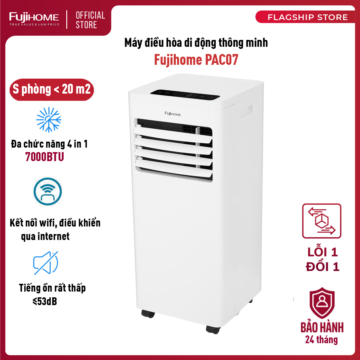 Điều hòa di động 7000BTU phòng nhập khẩu CN Nhật Bản Fujihome , máy lạnh di động 4 trong 1 làm lạnh, hút ẩm, quạt, lọc không khí,