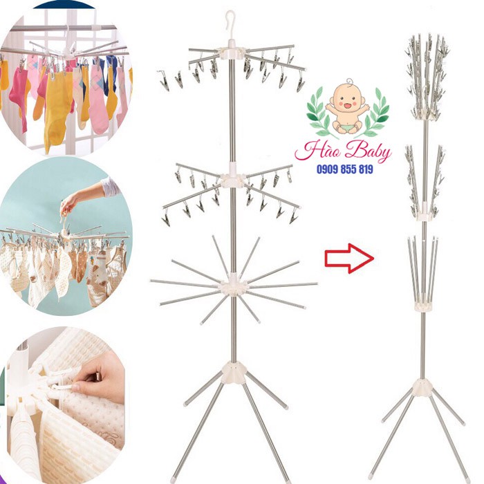 [HCM]Cây Sào Treo Quần Áo Inox Giàn Phơi Thông Minh Móc Quần Áo Cho Bé Trẻ Sơ Sinh 3 Tầng 56 Kẹp Móc Gấp Gọn