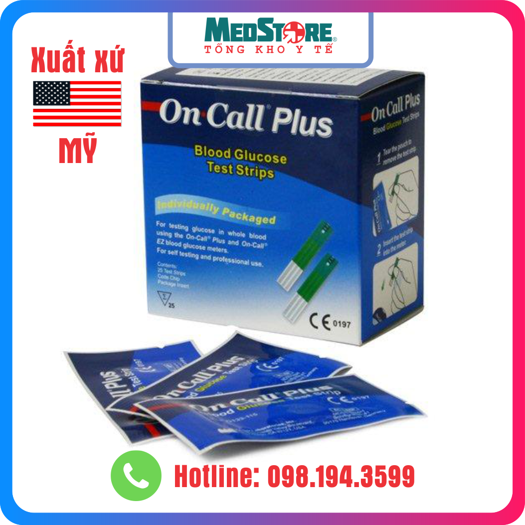 Hộp 25 Que thử đường huyết Acon On Call Plus - TBYT Medstore -Que thử tiểu đường OnCall Plus và máy oncall ez