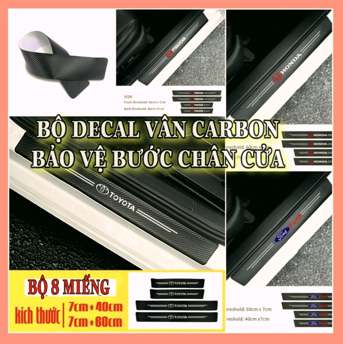 Bộ 8 Miếng Dán Bảo Vệ Chống Trầy Xước Bậc Cửa Xe Hơi Ô Tô Carbon Sợi Có Logo Theo Hãng