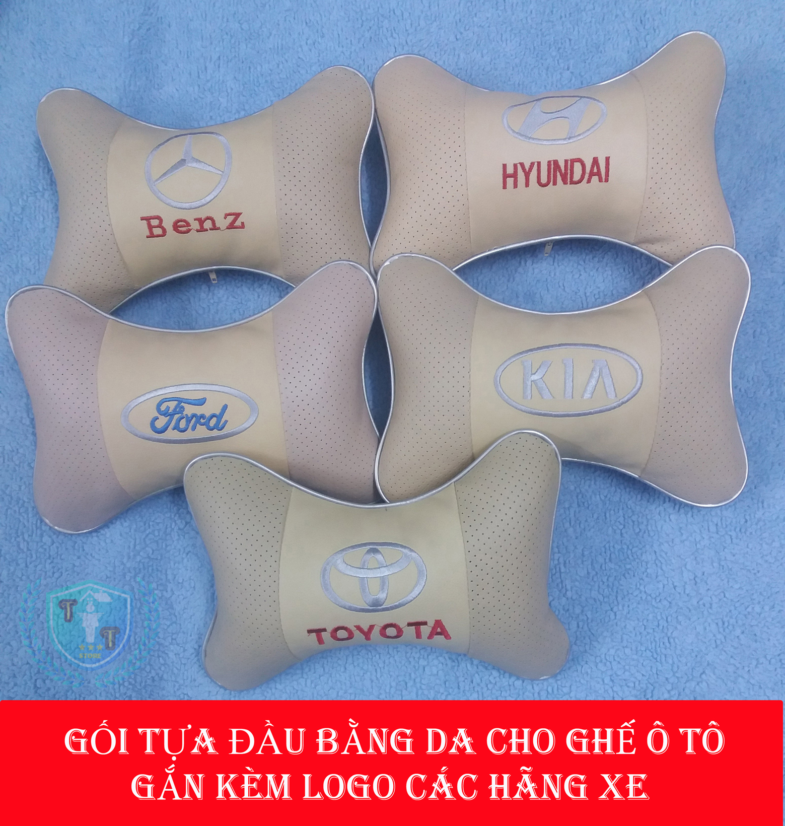 [MẪU màu kem] Gối tựa đầu bằng da êm ái cho ghế xe ô tô có gắn logo theo các hãng xe nổi tiếng